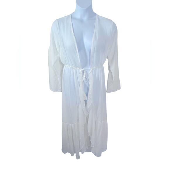 Shein White Sheer Long Ruffle Accent Bridal Robe or Beach Cover Up Size Large - Picture 1 of 9